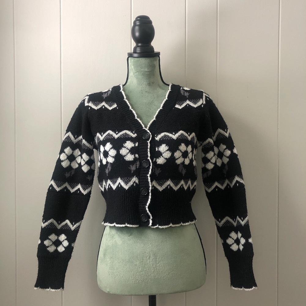 Haute Monde Black and White Cardigan with Nordic Patterns